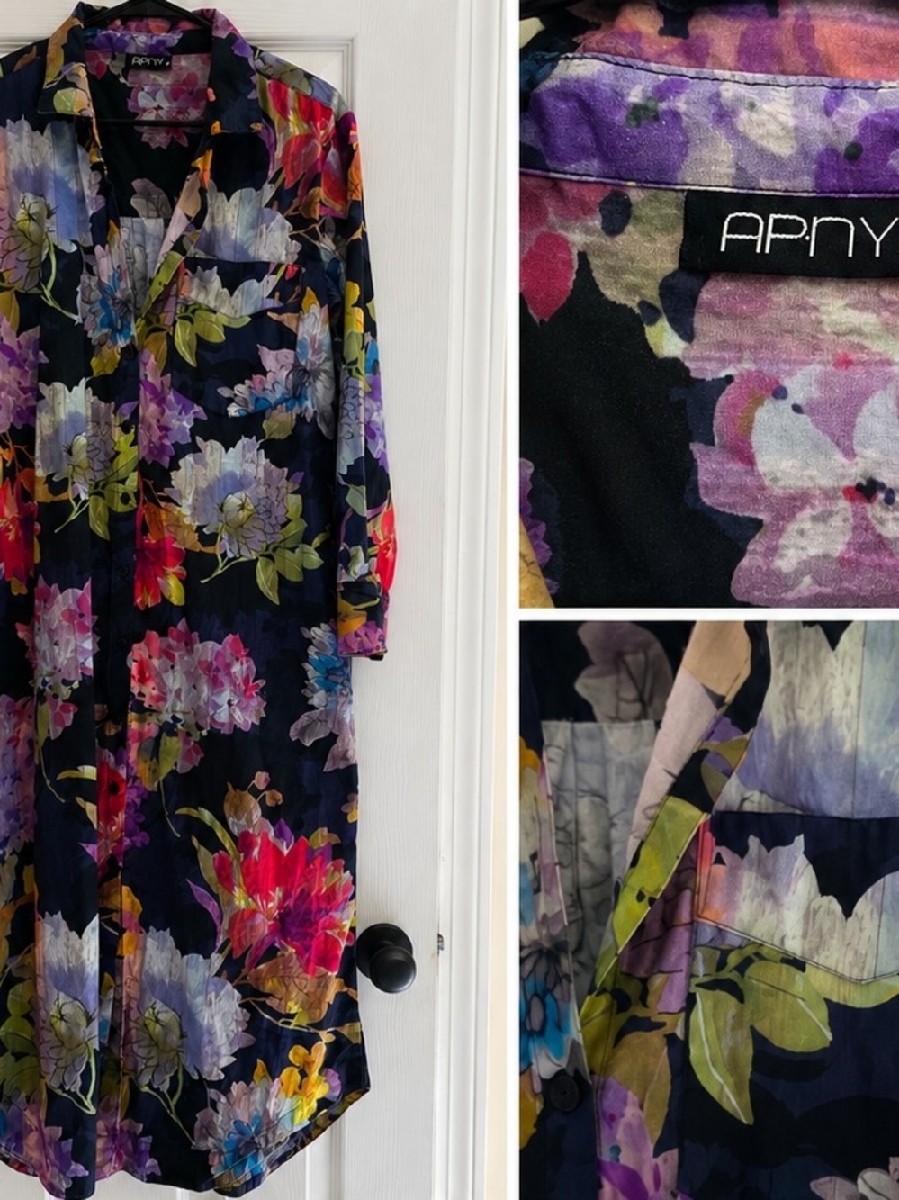 APNY Floral Long-Sleeve Button-Front Navy Maxi Dress